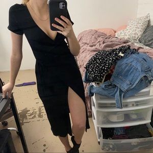 Black Wrap Around Midi Dress with Slit on the Leg